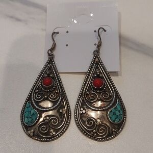 Vintage Tibetan Silver Earrings With Turquoise & Red Coral